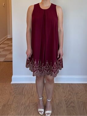 She + Sky Wine Red Dress with Embroidered Scalloped Hem